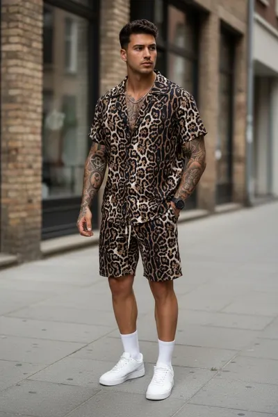 Compleu de vara camasa cu imprimeu + pantaloni animal print maro P7 122-2