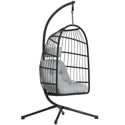 Outsunny Scaun Suspendat Tip Ou, Leagăn pentru Exterior cu Suport și Centură de Siguranță, Negru/Gri Deschis | Aosom Romania