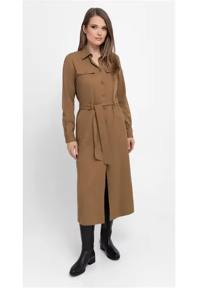 Rochie-camasa maxi cu maneci lungi G-Villa - cu cordon - nasturi - camel - Maro/Maro camel