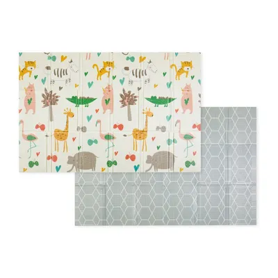 Covoras educativ, Petite&Mars, Campy L, Din spuma XPE non-toxica, Cu doua fete, Suprafata antiderapanta, 130x200 cm, Pliabil compact 40×32×21 cm, Model animalute si forme geometrice