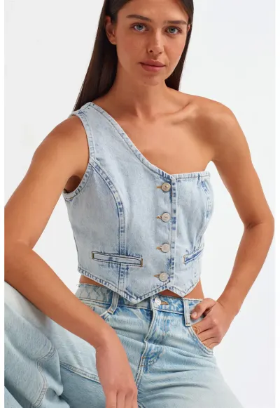Bluza dama - crop mulata - denim albastru - inchidere cu nasturi - 100% bumbac