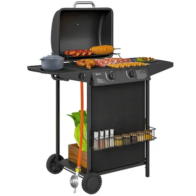 Outsunny Grătar pe Gaz cu Capac, Termometru, Măsuță Laterală și Tavă pentru Colectarea Grăsimii, 107x54x96 cm, Negru | Aosom Romania
