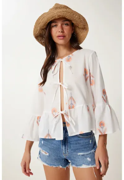 Bluza dama - Happiness Istanbul - florala - maneca lunga - alb - 100% bumbac