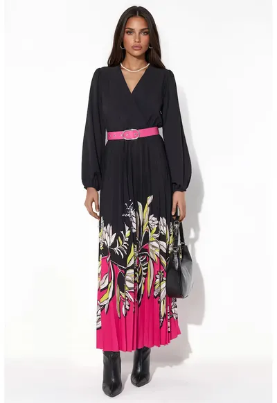Rochie midi - dama - floral - multicolor - poliester si lycra - cu cordon