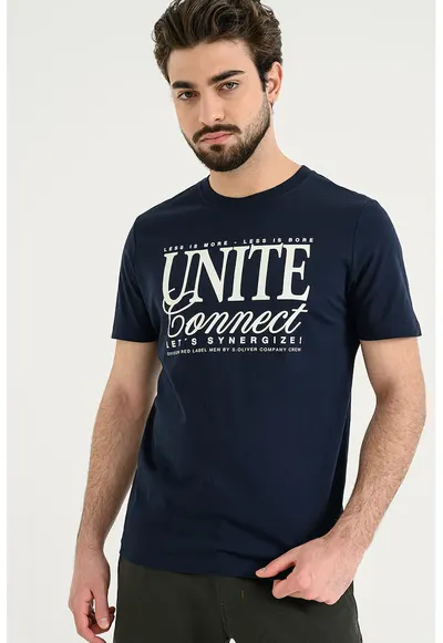 Tricou cu imprimeu si decolteu la baza gatului - Bleumarin