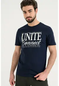 Tricou cu imprimeu si decolteu la baza gatului - Bleumarin