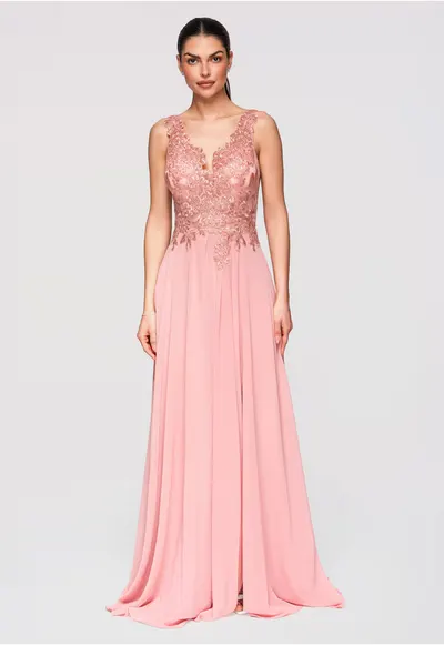 Rochie Maxi de Seara Eleganta cu Dantela si Croiala Ampla - Roz pal