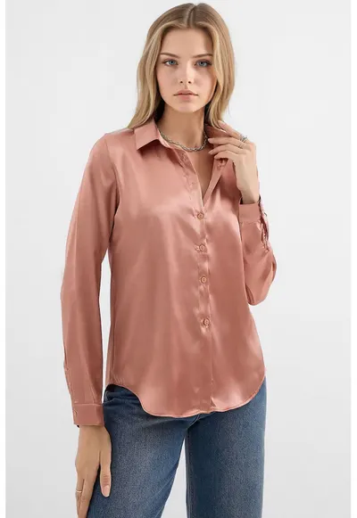 Camasa dama - HiCCUP - camasa cu maneca lunga - satin - maro camel