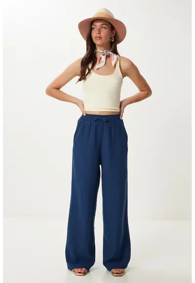 Pantaloni dama - Happiness Istanbul - picior larg - talie cu snur - albastru marin - 100% bumbac