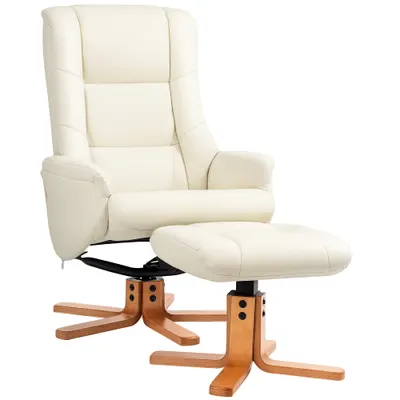HOMCOM Fotoliu de Relaxare cu Taburet, Funcție de Culcare, Piele Ecologică, până la 150 kg, 71 x 84 x 102 cm, Crem | Aosom Romania