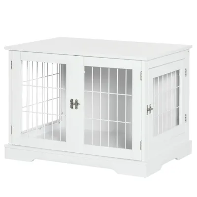 PawHut Cușcă pentru câine 2 în 1 masă de suport cu 2 uși cu sistem de siguranță - dim. 76L x 54.5l x 56H cm - Metal și MDF | Aosom Romania