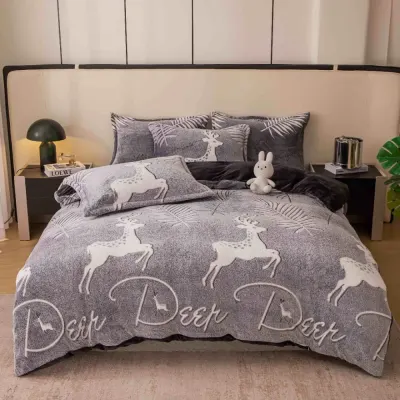 Lenjerie Pat 1 Persoana, Jojo Home, CoCoLiNo (Fleece), 4 piese, Gri, Cerbi