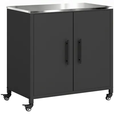 Outsunny Dulap de grădină din metal, dulap de depozitare exterior, blat din oțel inoxidabil și roți, Negru | Aosom Romania