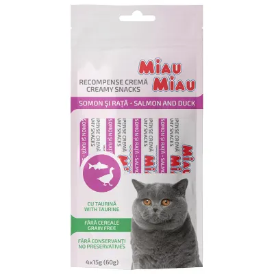 MIAU MIAU Creamy Snacks, Somon și Rață, recompense fără cereale pisici, (piure), 60g