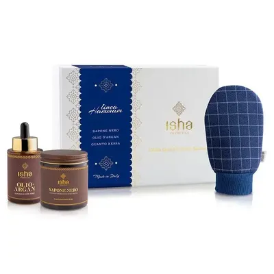 Set cadou ritual hammam - sapun negru, manusa kessa, ulei de argan ecologic Isha