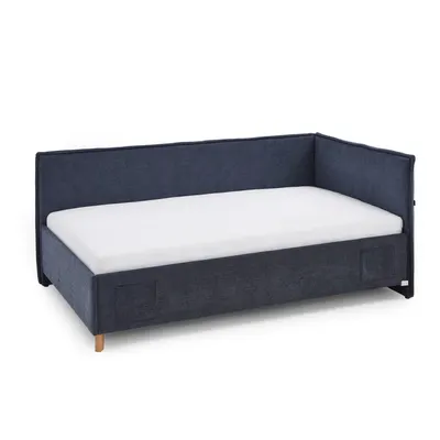 Pat pentru copii albastru închis pe colț tapițat cu spațiu de depozitare cu somieră 140x200 cm Fun – Meise Möbel