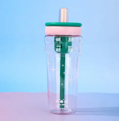 Cana cu Pai, model cu Stelute, cu Maner, Plastic, Verde, 500 ml MIX15053
