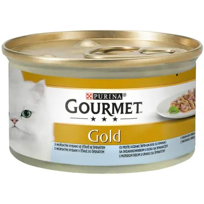 PURINA Gourmet Gold Double Pleasure, Pește oceanic cu Spanac, conservă hrană umedă pisici, (în sos), 85g