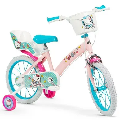 Bicicleta fetite Toimsa Hello Kitty 16 inch, cu roti ajutatoare si cosulet, de la 5 ani, inaltimea recomandata 110-120 cm, cos frontal si scaun pentru papusa, frana de mana pe ambele roti