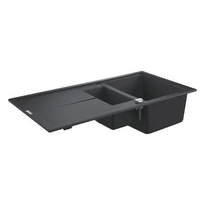 Chiuveta compozit Grohe K400 31642AP0, 100 x 50 cm, reversibil, 2 boluri, montare pe blat, evacuare automata, Kit montaj si evacuare inclus, Negru granit