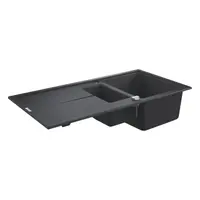 Chiuveta compozit Grohe K400 31642AP0, 100 x 50 cm, reversibil, 2 boluri, montare pe blat, evacuare automata, Kit montaj si evacuare inclus, Negru granit