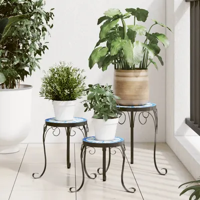 vidaXL Suporturi pentru plante, 3 buc., albastru și alb, ceramică