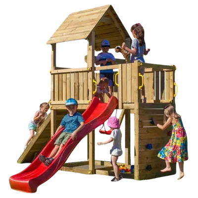 Complex de joaca din lemn Fungoo Carol 3, cu un leagan, turn, zid de escalada si tobogan, pentru 10 copii