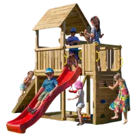 Complex de joaca din lemn Fungoo Carol 3, cu un leagan, turn, zid de escalada si tobogan, pentru 10 copii