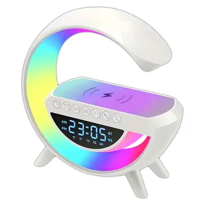 Lampa Smart NewEvo Multifunctionala 4 in 1, Ceas digital, Alarma, Radio, Boxa Bluetooth, Lumini ambientale LED cu sincronizare muzicala, Incarcator