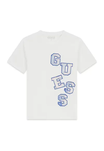 Tricou cu decolteu la baza gatului si imprimeu logo - Alb/Albastru