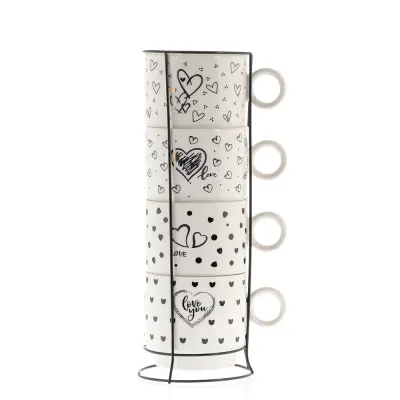 Set 4 cani ceramice cu suport metalic, imprimeu inimioare