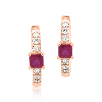 Cercei din aur roz cu rubine princess de 0.15ct si diamante de 0.06ct