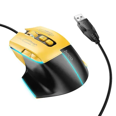Mouse de gaming pe fir, 1200-3600DPI, 7 Butoane, Hoco GM31, USB-A, Negru/Galben Engros