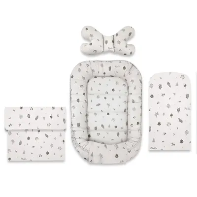 Set 4 in 1 Cosulet bebelus, MimiNu, Baby Cocoon 75x55 cm, Husa bumbac, Din bumbac certificat Oeko Tex Standard 100, Cu paturica 50x70 cm, Cu salteluta, Cu perna fluture, Leaves