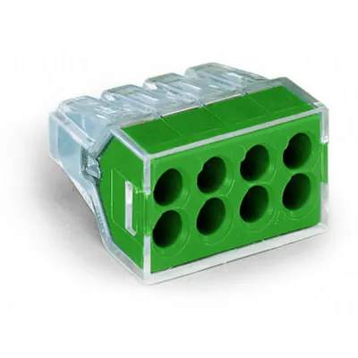 PUSH WIRE® connector for junction boxes; for solid and stranded conductors; max. 2.5 mm²; 8-conductor; transparent housing; green cover; Surrounding air temperature: max 60°C; 2,50 mm²