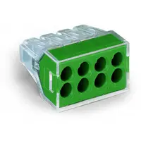 PUSH WIRE® connector for junction boxes; for solid and stranded conductors; max. 2.5 mm²; 8-conductor; transparent housing; green cover; Surrounding air temperature: max 60°C; 2,50 mm²