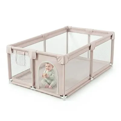 Tarc de joaca copii, Primabobo, Luna, 153 x 183 cm, Pliere compacta, Din plasa, Cu intrare laterala si buzunar pentru depozitare, Ancorare cu ventuze pentru stabilitate, Bej