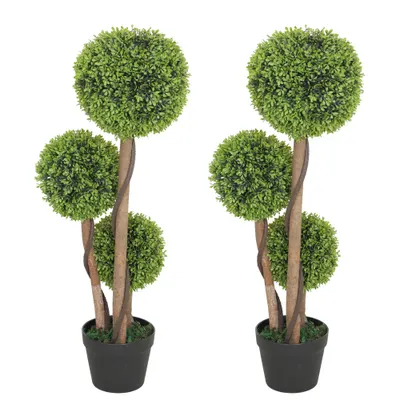 HOMCOM Set 2 Plante de Buxus Artificiale cu 3 Sfere, cu Ghiveci și Bază Întărită, Înălțime 90 cm, pentru Interior și Exterior | Aosom Romania