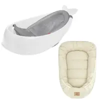 Set Cadita inteligenta, Skip Hop, Pentru 3 etape de crestere, Alb si cosulet bebelus, Qmini, 55 x 75 cm, Husa 100% muselina dubla, Beige