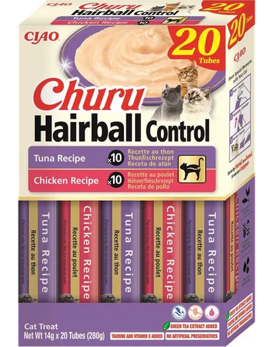 INABA Churu Cat Hairball 20x14g gustare crema pentru pisica, pentru ghemotoacele de blana