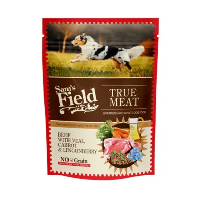 SAM'S FIELD, XS-XL, Vițel și Morcov, plic hrană umedă fără cereale câini, (în aspic), 260g