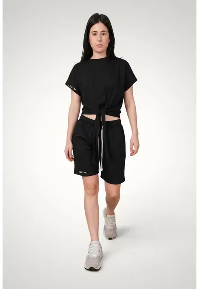 Set vara pentru femei - Casual - Bumbac Premium - Tricou ajustabil + Pantaloni scurti - Negru