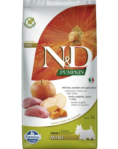 FARMINA N&D GF Adult Mini Pumpkin Boar&Apple hrana uscata caini adulti talie mica, dovleac, mistret si mar 7 kg