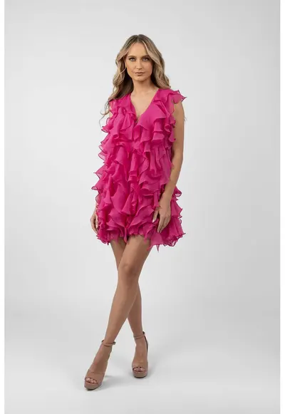 Rochie scurta cu volane si spate decupat - Roz