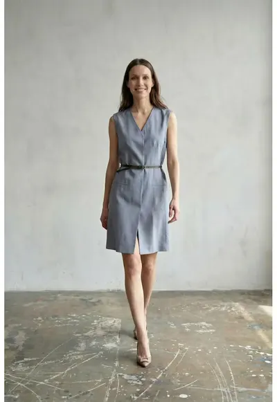 Rochie mini tip shift - fara maneci - cu decolteu in V si cordon - MY FASHION - pentru femei - Midi - Albastru Cerulean - S INTL