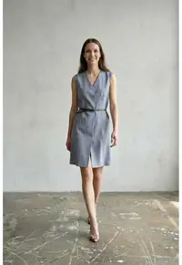 Rochie mini tip shift - fara maneci - cu decolteu in V si cordon - MY FASHION - pentru femei - Midi - Albastru Cerulean - S INTL -