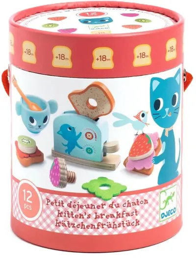 Set din lemn Djeco - Micul dejun al lui Kitty, 12 piese
