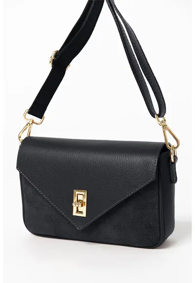 Geanta crossbody de piele cu clapa - Negru