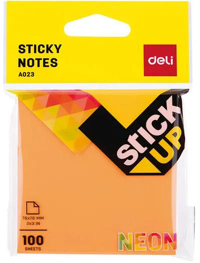 Note lipicioase Deli - 76 х 76 mm, 100 foi, neon, portocaliu