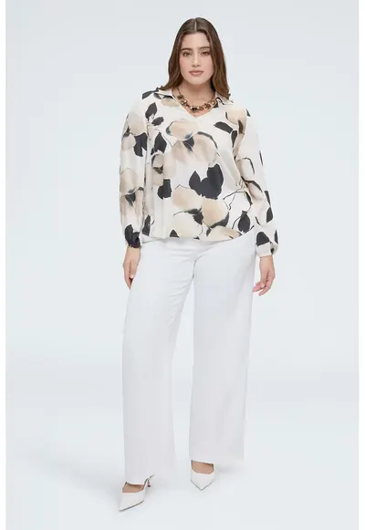 Bluza cu model - guler ascutit si decolteu in V - Negru/Crem